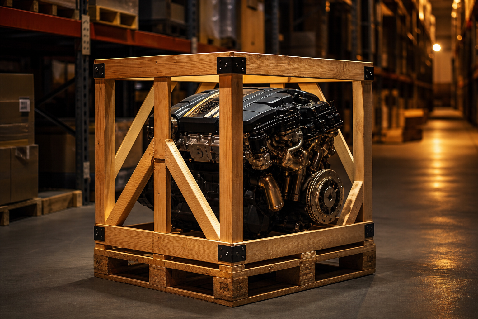 BMW engine crated for European shipping from Hamburg
