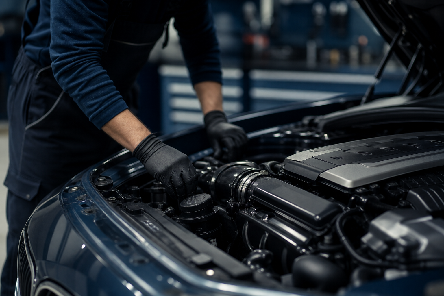 BMW workshop bay with a documented used engine ready for chassis-matched installation