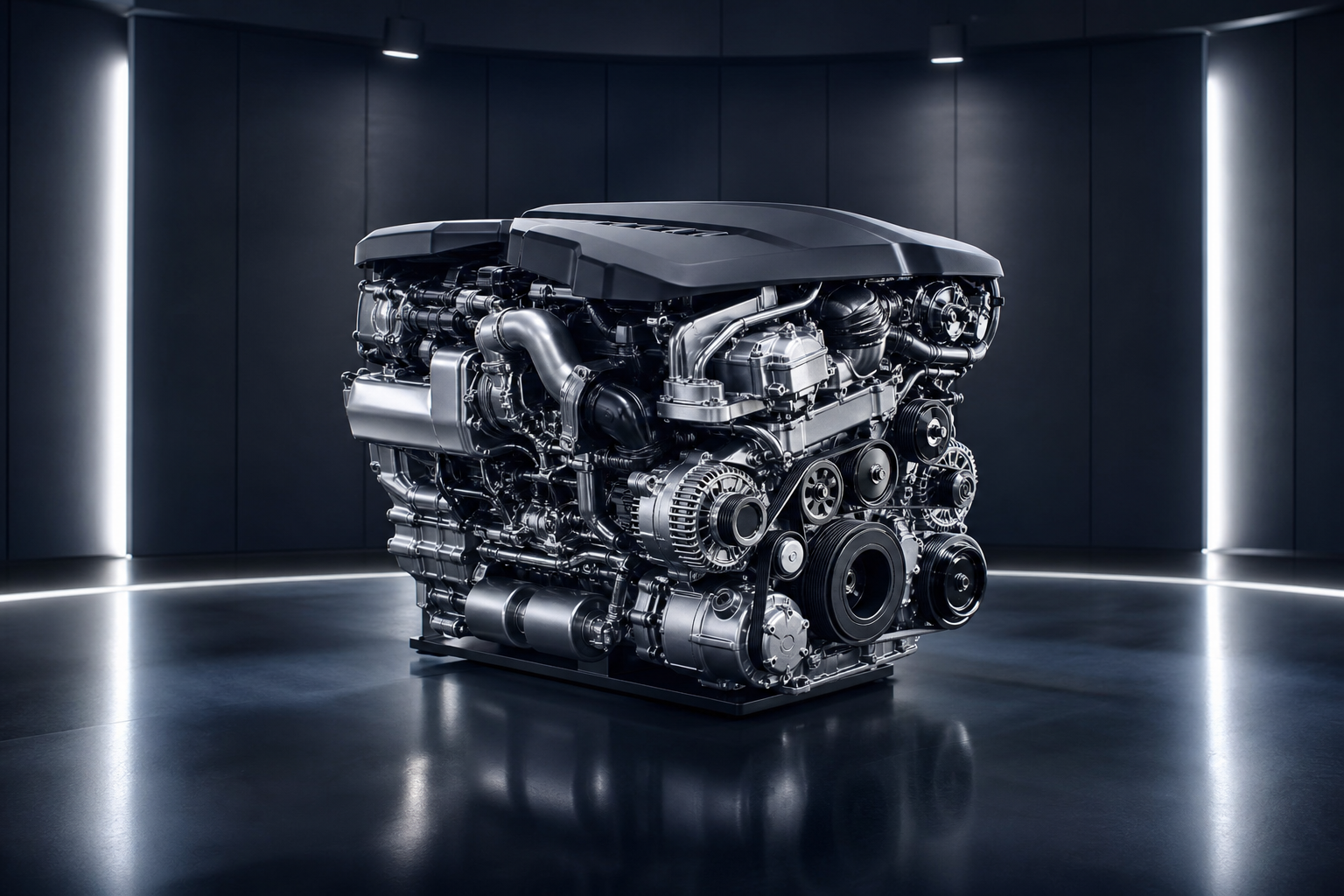 Premium BMW N57 six-cylinder diesel engine in showroom light