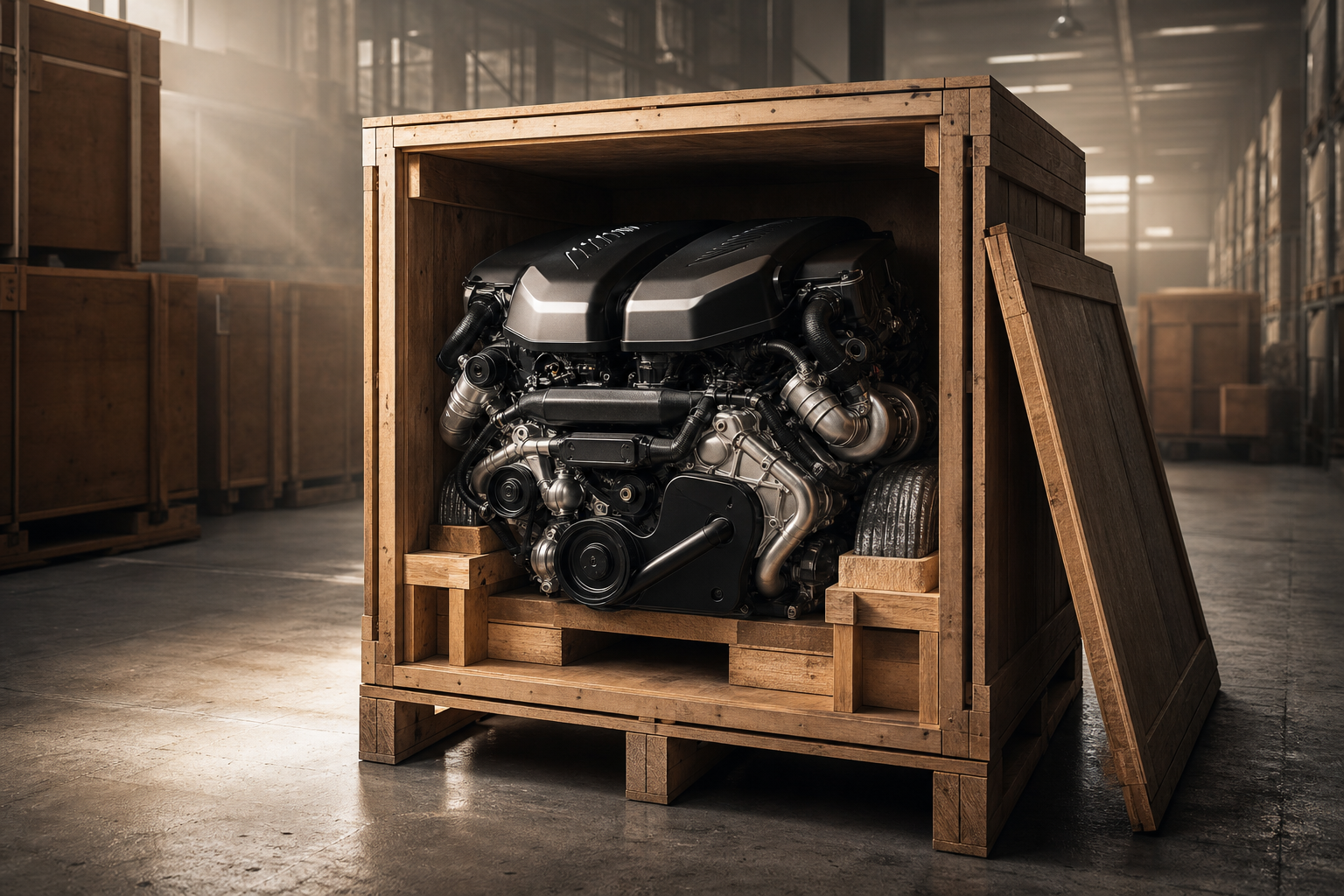 Used BMW engine crated for secure European freight shipping